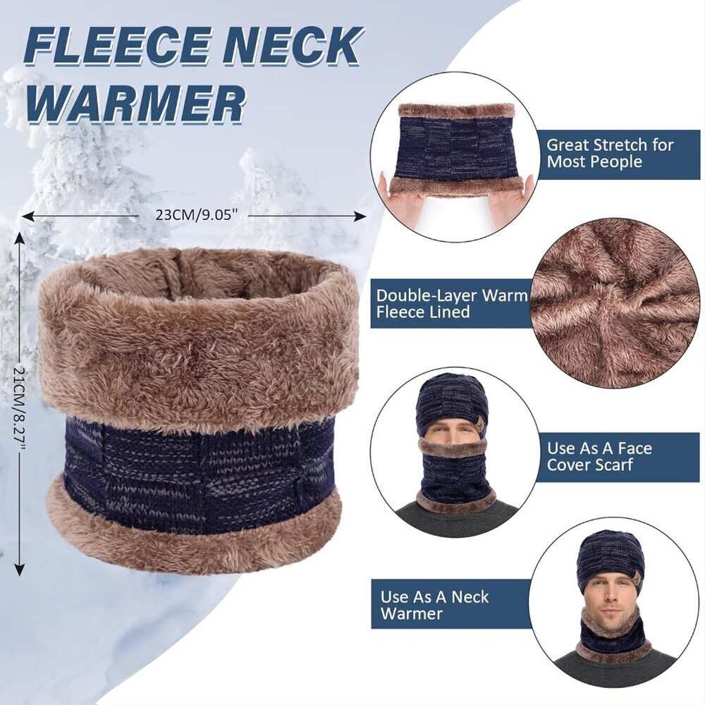 Mens Navy Blue Winter Warm Knit Skull Cap Neck Warmer Fleece Lined Hat Scarf Set - Picture 4 of 5